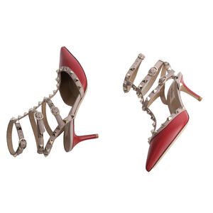 Valentino Red Beige Leather Rockstud Ankle Strap Pumps Heels Size 36